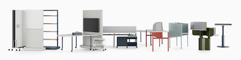 Various OE1 Workspace Collection products including movable walls, freestanding curtains, tables, storage trolleys, privacy screens and height-adjustable tables, with a white background.