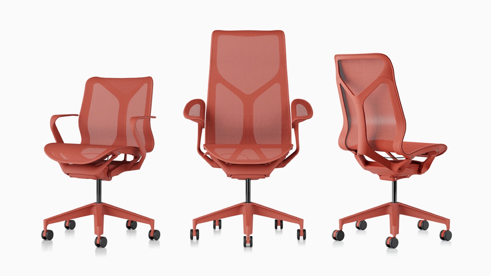 Low-back, high-back, and mid-back Cosm ergonomic desk chairs with suspension materials, bases, and frames in Canyon red. Low-back, high-back, and mid-back Cosm ergonomic desk chairs with suspension materials, bases, and frames in Canyon red.