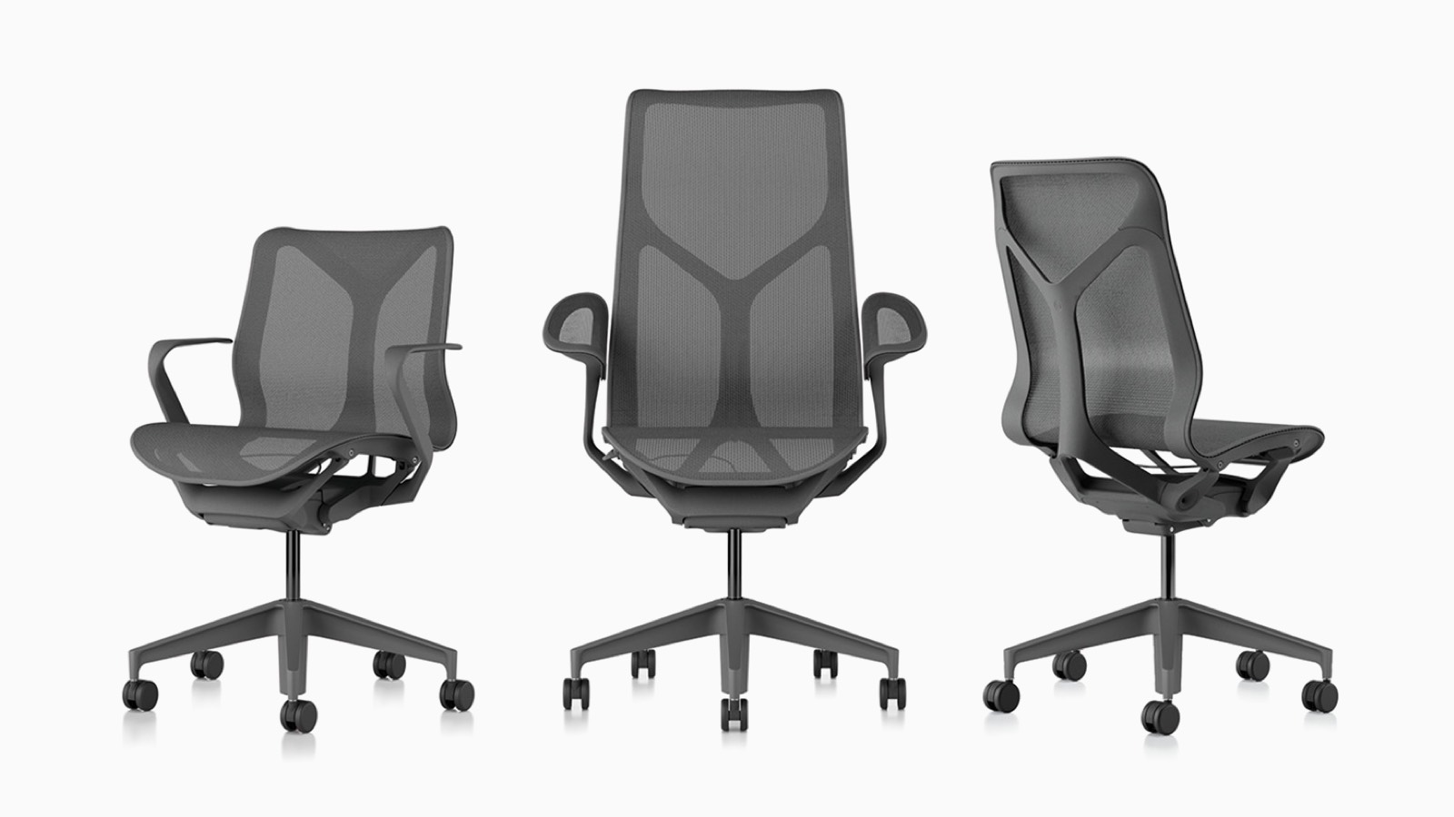 Low-back, high-back, and mid-back Cosm ergonomic desk chairs with suspension materials, bases, and frames in Carbon grey. Low-back, high-back, and mid-back Cosm ergonomic desk chairs with suspension materials, bases, and frames in Carbon grey.