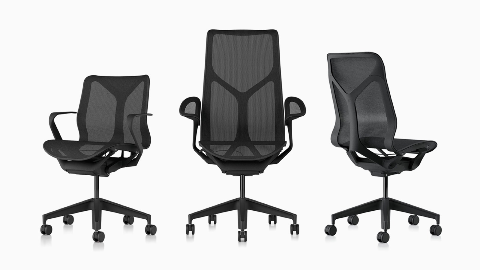 Low-back, high-back, and mid-back Cosm ergonomic desk chairs with suspension materials, bases, and frames in Graphite dark grey. Low-back, high-back, and mid-back Cosm ergonomic desk chairs with suspension materials, bases, and frames in Graphite dark grey.