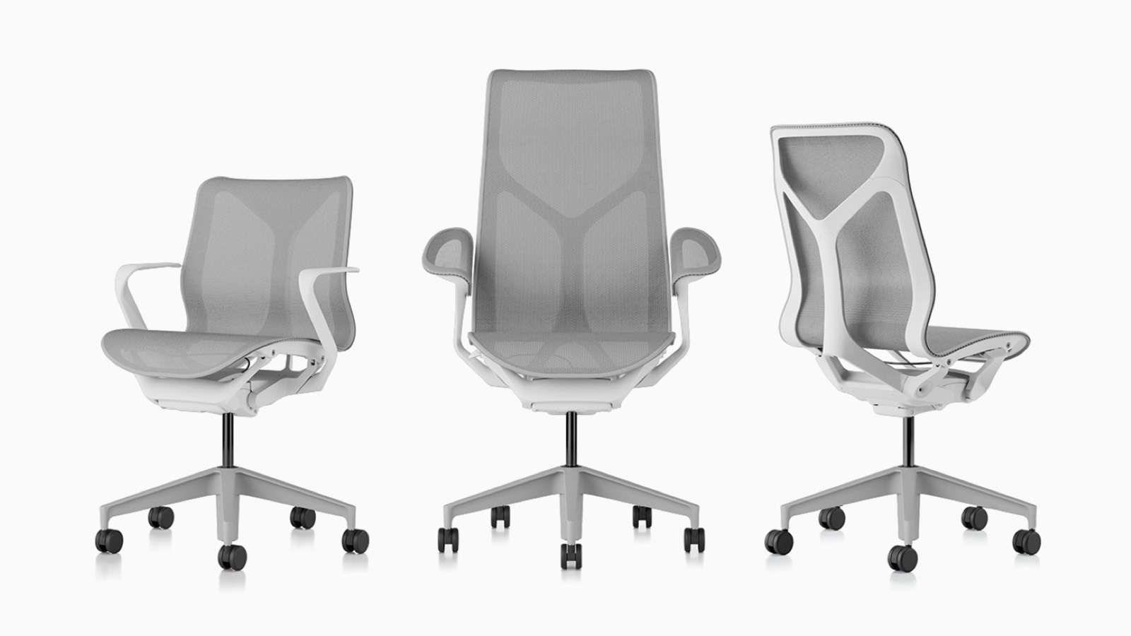Low-back, high-back, and mid-back Cosm ergonomic desk chairs with bases and frames in Studio White and suspension materials in Mineral light grey. Low-back, high-back, and mid-back Cosm ergonomic desk chairs with bases and frames in Studio White and suspension materials in Mineral light grey.