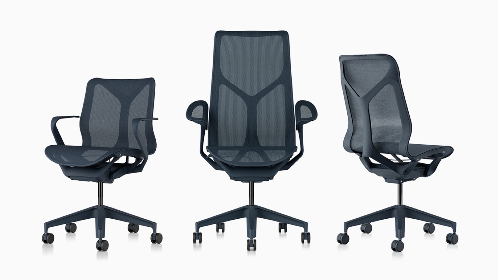 Low-back, high-back, and mid-back Cosm ergonomic desk chairs with suspension materials, bases, and frames in Nightfall navy blue. Low-back, high-back, and mid-back Cosm ergonomic desk chairs with suspension materials, bases, and frames in Nightfall navy blue.