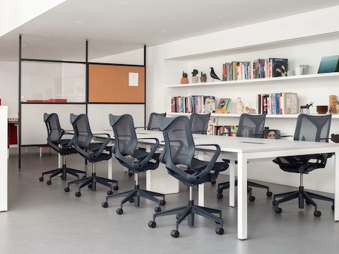 Layout bench and dark blue Cosm Chairs.