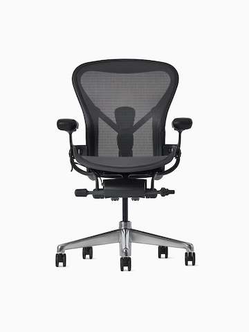 Front view of an Aeron ESD Chair in size B, with a granite frame and suspension and a polished base.