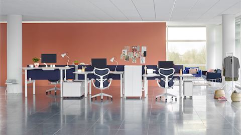 An open benching setup with height-adjustable Atlas Office Landscape desks at different heights and blue Mirra 2 office chairs.