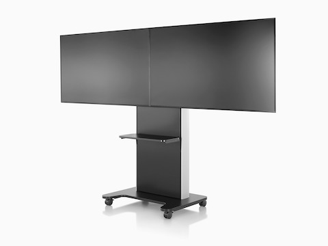 Front view of a black AV/VC One technology cart with two large digital displays mounted side-by-side.