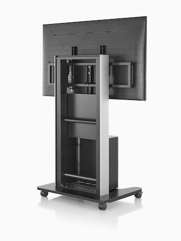 Back view of a black AV/VC One technology cart with the back removed for easy access to cables and ports.