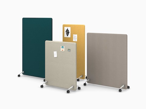 Four light brown, dark green and yellow Bound Mobile Screens in assorted sizes viewed from an angle.