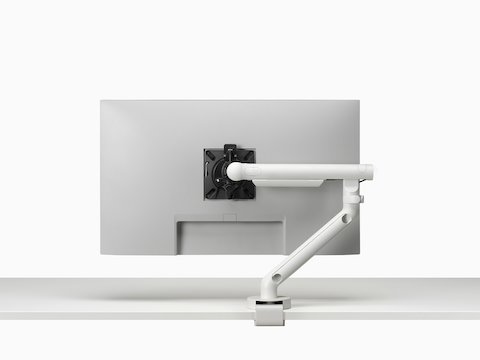 Flo Single monitor arm in white viewed from the back.