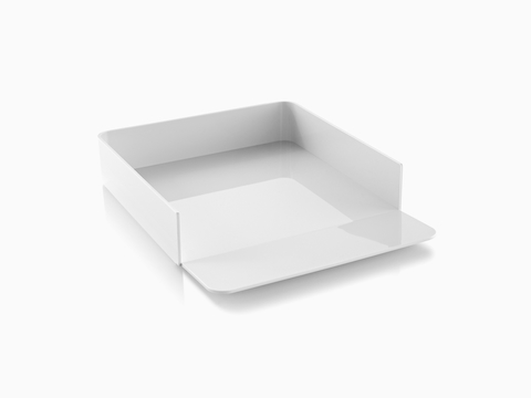 Angled view of a white Formwork Paper Tray with a gently sloped lip.