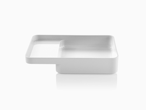 Profile view of the large version of a white Formwork Tray with a deep rear compartment and cantilevered front compartment.