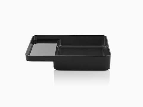 Profile view of the large version of a black Formwork Tray with a deep rear compartment and cantilevered front compartment.