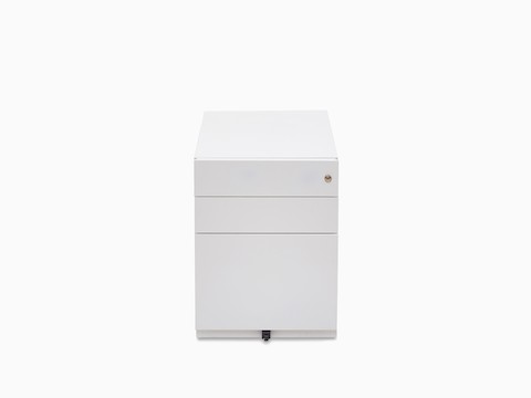 Front view of white Kumi pedestal with two box drawers and one file drawer.