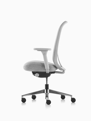 Grey Lino Chair with adjustable sacral lumbar support, viewed from the side.