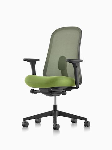 Black and green Lino Chair with adjustable sacral lumbar support, viewed from the front at an angle.