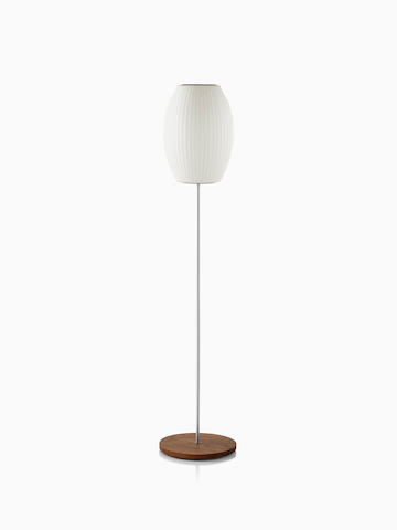 A white Nelson Cigar Lotus Floor Lamp with a small shade and a walnut-covered steel base.