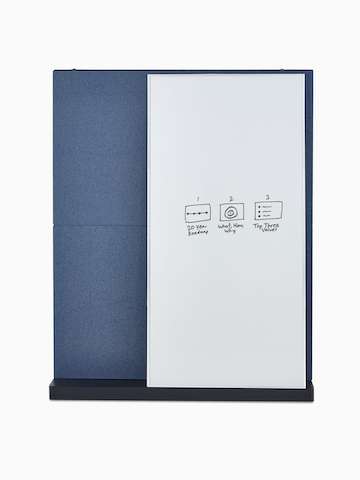 A black OE1 Agile Wall with blue fabric upper and lower tiles and white marker board, viewed from the front.