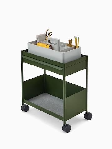 Grey OE1 Workbox on a green OE1 Storage Trolley, viewed from a front angle.