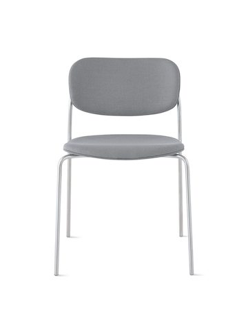 Portrait Chair with upholstered seat and back and satin chrome frame with no arms.