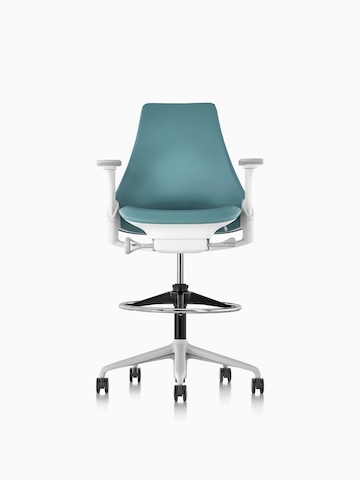 Blue Sayl Stool with an upholstered back, viewed from the front.