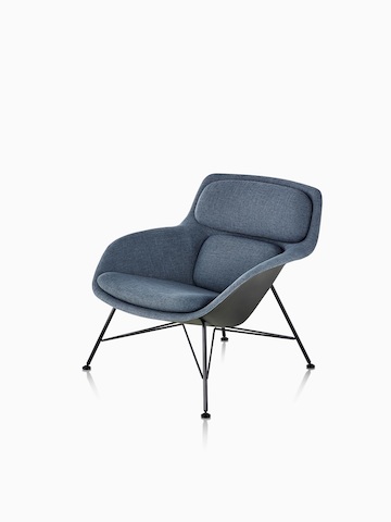 Three-quarter view of low-back Striad Lounge Chair in blue upholstery with wire base.  