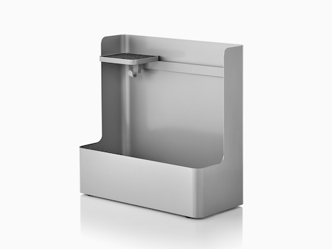 A gray Ubi Mobile Bag Catch with an adjustable shelf and storage compartment for personal items.