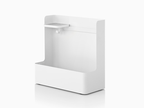 A white Ubi Mobile Bag Catch with an adjustable shelf and storage compartment for personal items.