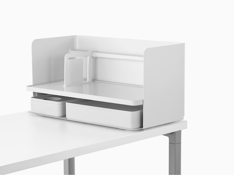 A large white Ubi Organizer with a bookend and two storage boxes.