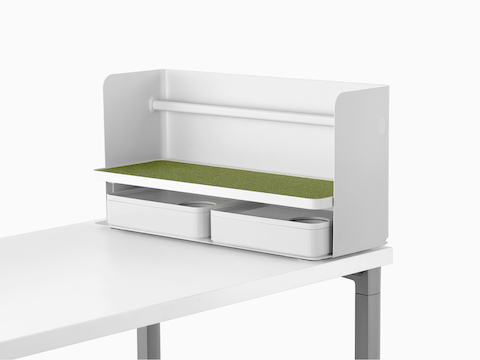 A small white Ubi Organizer with a green non-skid shelf and two storage boxes.