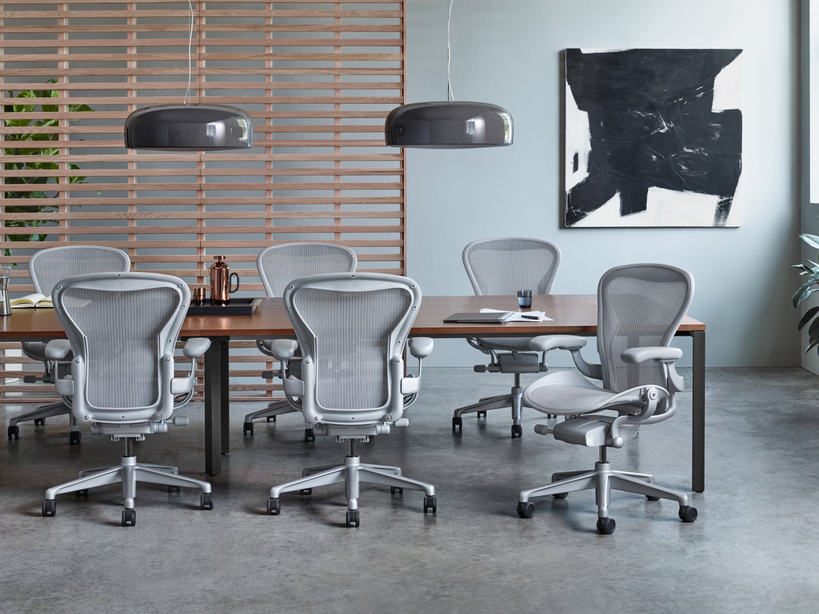 Six Aeron Chairs around a Layout Studio conference table. 