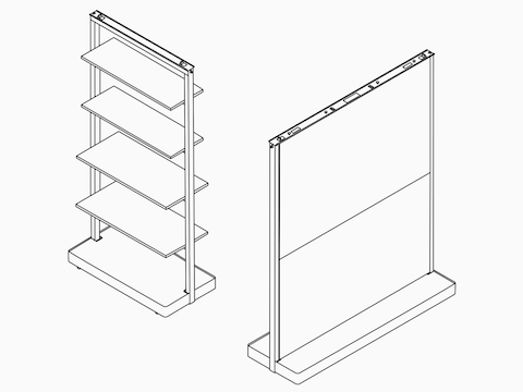 Line drawings of an OE1 Agile Wall with full shelves and OE1 Agile Wall fully cladded.