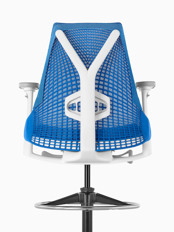 Upper portion of a blue Sayl Stool, viewed from the rear. 