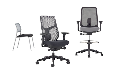 A black Verus Chair with a Triflex back and black upholstered seat, and a black Verus Stool with suspension back and a grey seat.