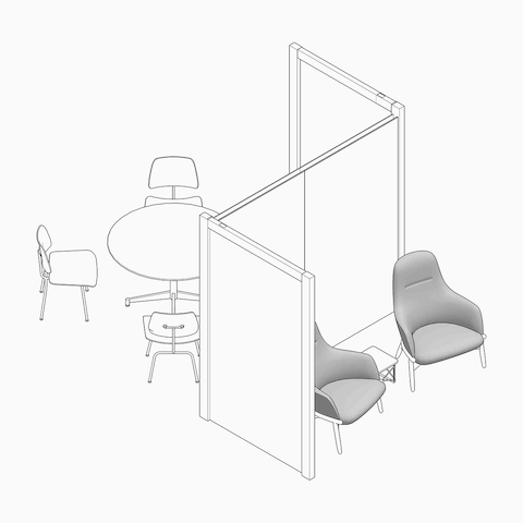 An overhead view of an Eames Conference Table surrounded by Eames Molded Plywood Dining Chairs with an Overlay screen space divider and two Geiger Reframe Lounge Chairs on the other side of the screen. Select to review and download planning idea files.
