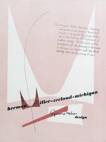 A close-up of a red, black and white ad featuring Herman Miller's 