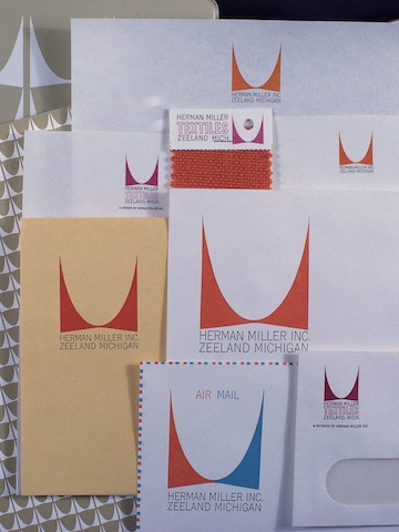 Herman Miller's identity system in 1964 included an iteration of the M symbol, deployed as a pattern – seen in various stationery and envelopes.