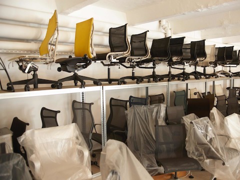 7.5 added a 120 square meter second layer into the preexisting structure, because there was no basement to store things. Now the studio has a visual repository for prototypes, which is essential for the studio's work style. The normal, everyday supplies are stored behind a curtain so as not to create too much distracting clutter.  Photo by Marcus Gaab.