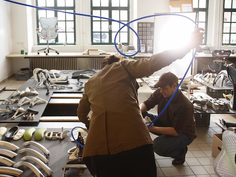 An area beside the communal table provides additional workspace‚Äîin this instance to assemble components that illustrate how the development of Mirra 2 evolved. Photo by Marcus Gaab.