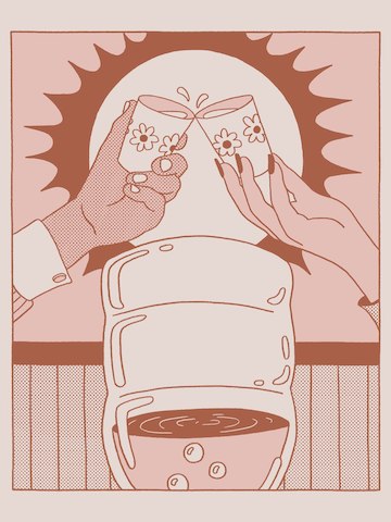 A pink illustration of two hands clinking their cups next to the watercooler