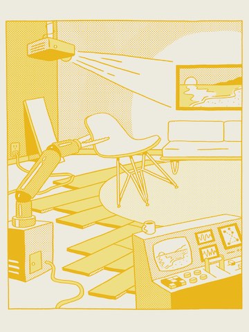 A yellow illustration of a control station, a robot arm picking up an Eames Shell Chair, and a projector displaying an image of a sunset on the wall