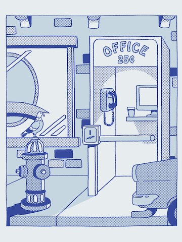 A blue illustration of a phone booth with the words office and twenty-five cents written on it. A pigeon sits on a hydrant in the foreground.