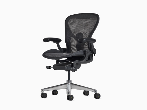 Front-angle view of an Aeron ESD Chair in size B, with a granite frame and suspension and a polished base.