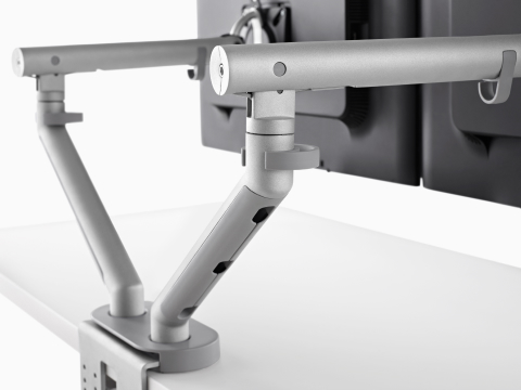 Rear view of side-by-side monitors attached to a Flo Dual Monitor Arm.