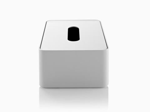 A white Formwork Tissue Box, viewed from the narrow side.