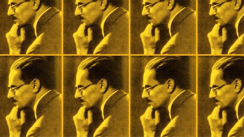 An archival black and white portrait of designer Gilbert Rohde in a repeating pattern of eight, with a yellow overlay.