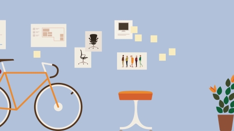 A computer graphic of a wall with decorations and photos. 