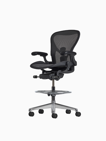 Front-angle view of an Aeron ESD Stool with a granite frame and suspension and a polished base.