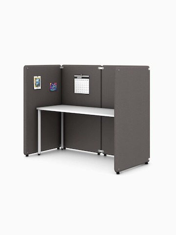 Four brown Bound Freestanding Screens in a booth configuration around a white OE1 Rectangular Table, viewed from an angle.