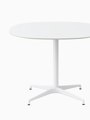 A soft square white Civic Table at counter height. Select to go to the Civic Tables product page.
