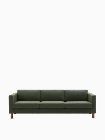 Front view of three-seater Lispenard Sofa, 431.8 mm in dark green textile and 152.4 mm walnut legs.